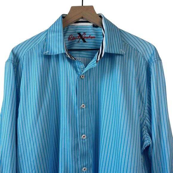 Robert Graham Mens Shirt XL Blue White Striped Flip Cuff Contrast Button Down - Picture 4 of 14